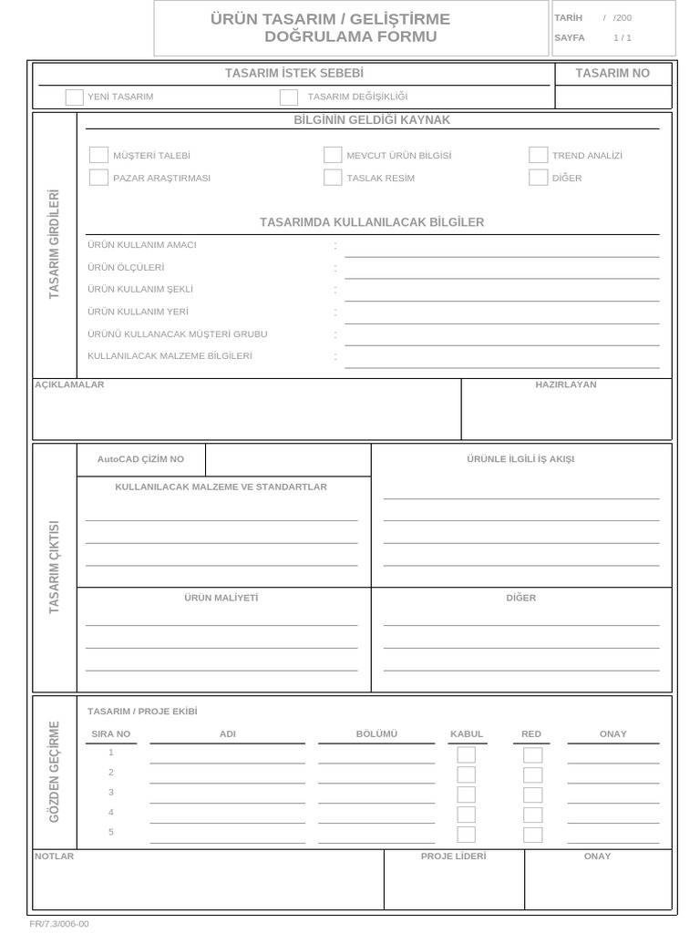 FR - 7.3 006 Urun Tasarim Gelisirme Dogrulama Formu | PDF