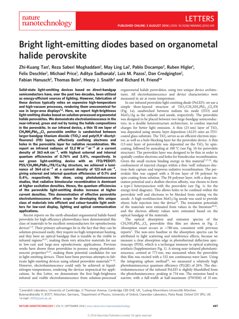 Bright Light-Emitting Diodes Based On Organometal Halide Perovskite | PDF