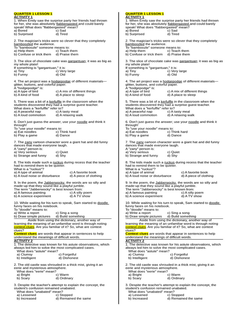 Context Clues Worksheet 1 | PDF