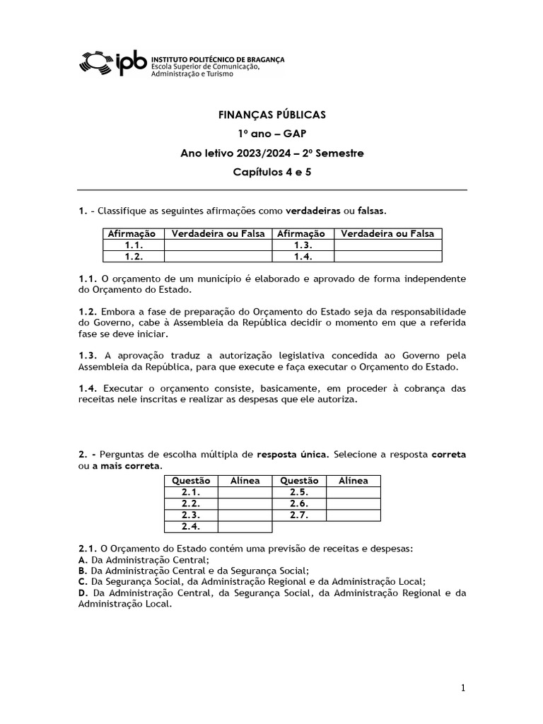 Questões - Cap4 e 5 - 2023-2024 | PDF