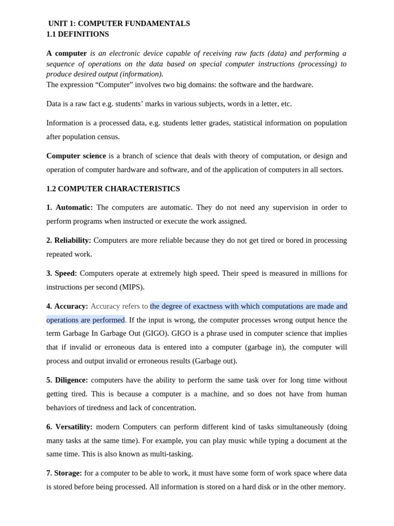 Unit 1.computer Fundamentals (Notes) | PDF