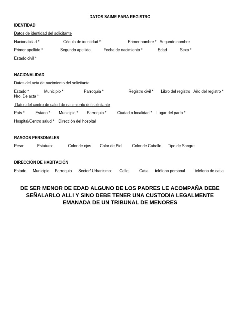 Datos saime para registro pdf