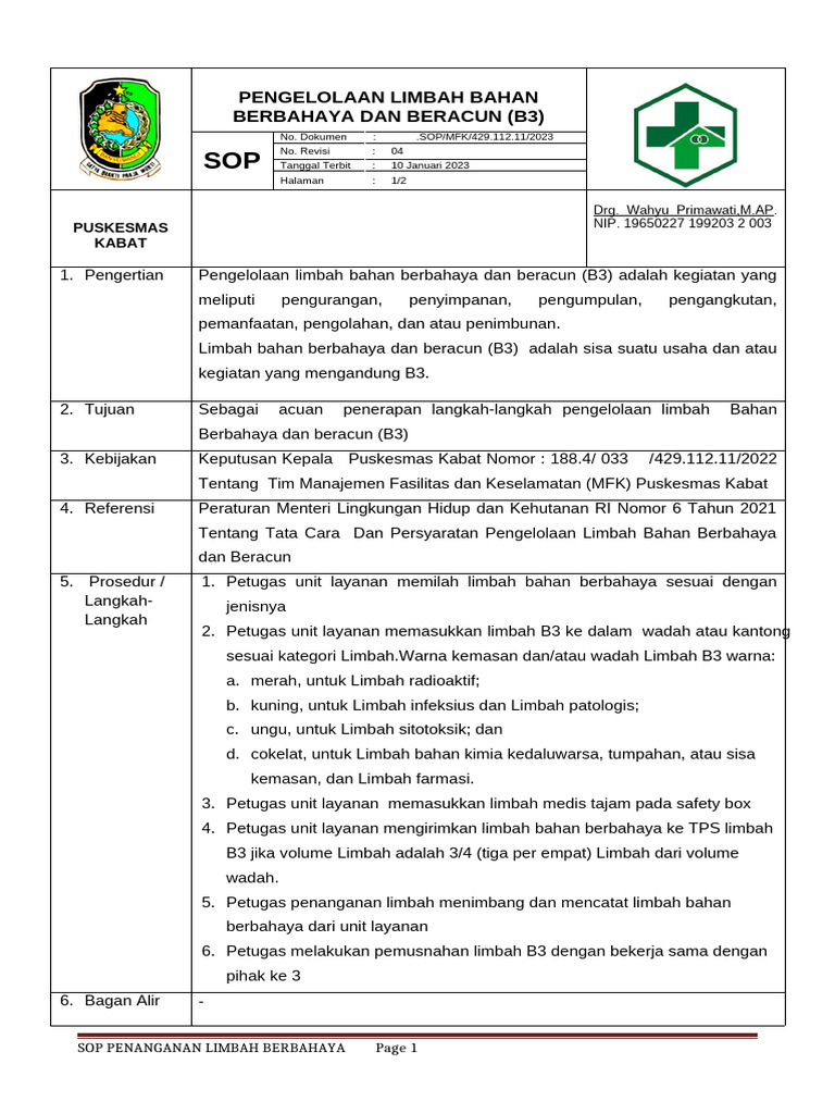SOP PENGELOLAAN LIMBAH B3 | PDF