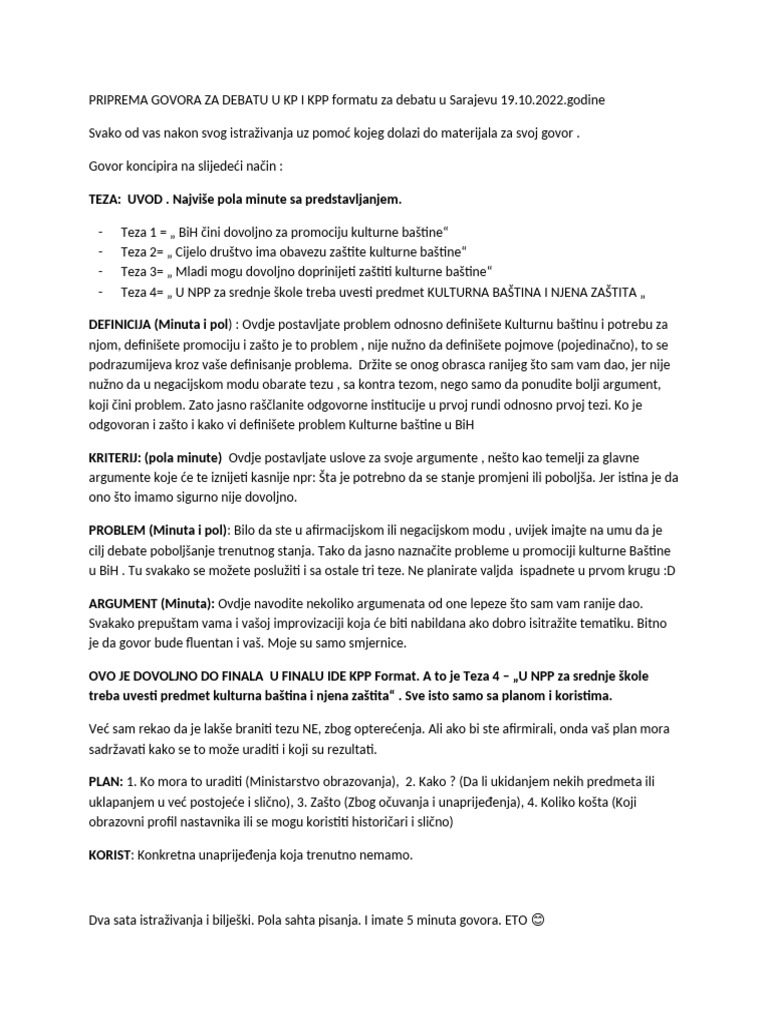 Priprema Govora Za Debatu U KP I KPP Formatu Za Debatu U Sarajevu | PDF