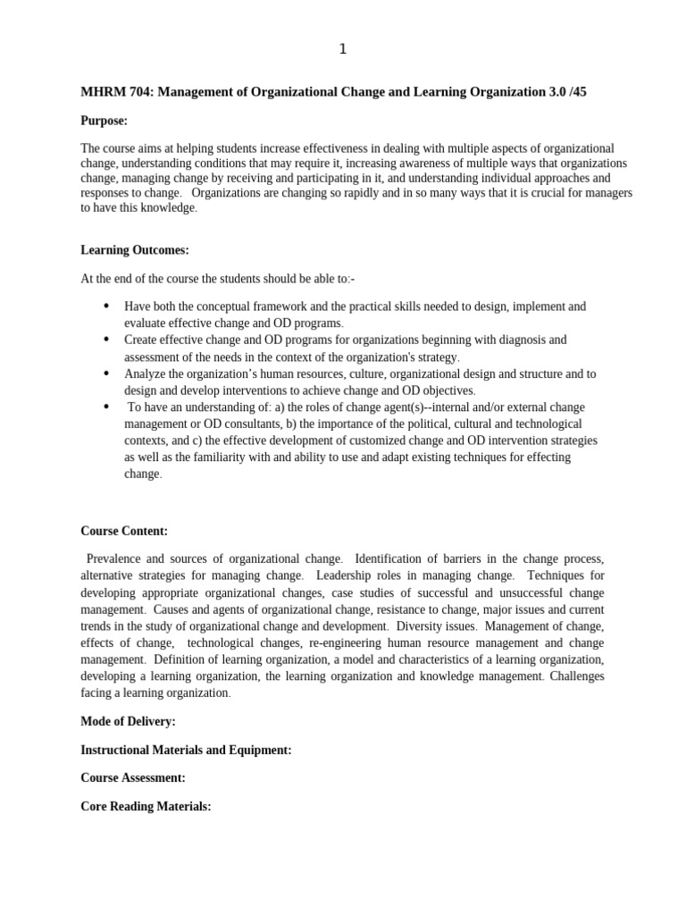 Course Description MHRM 704 Management of Change and Learning