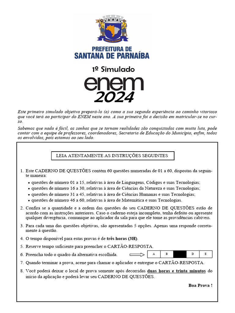 Primeiro Simulado 2024 ENEM Com Gabarito | PDF