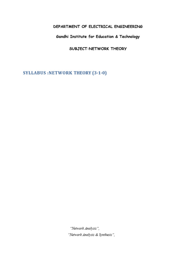 Syllabus:Network Theory (3-1-0) : Gandhi Institute For Education ...