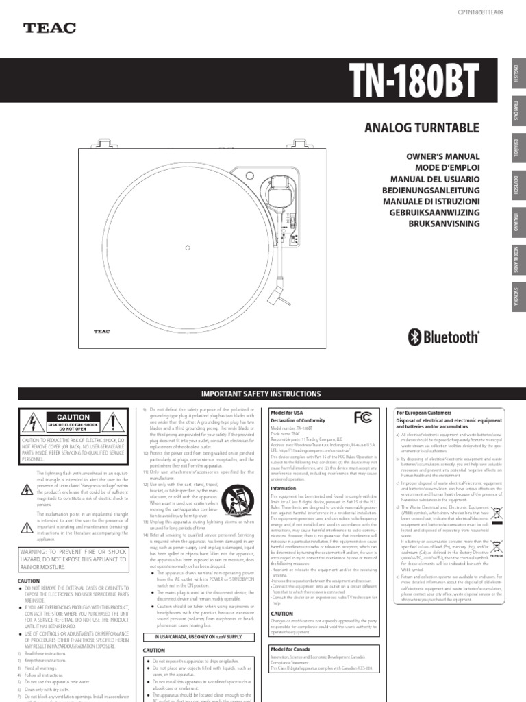 TN-180BT Analog Turntable Manual | PDF | Ac Power Plugs And Sockets | Radio