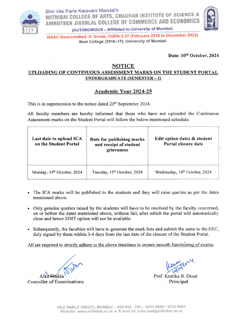 ICA UG Semester I Notice Academic Year 2024 2025 | PDF