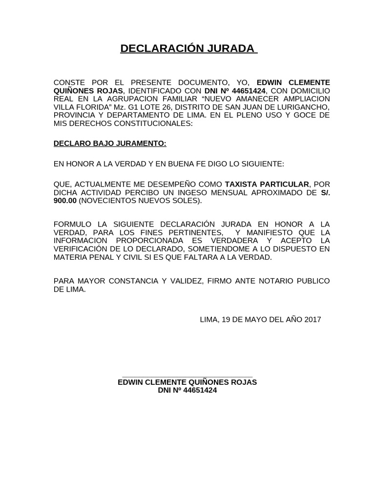 DECLARACIÒN JURADA DE INGRESOS ECONOMICOS - Generico | PDF