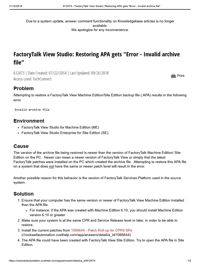 FactoryTalk View Studio - Restoring APA Gets - Error - Invalid Archive ...