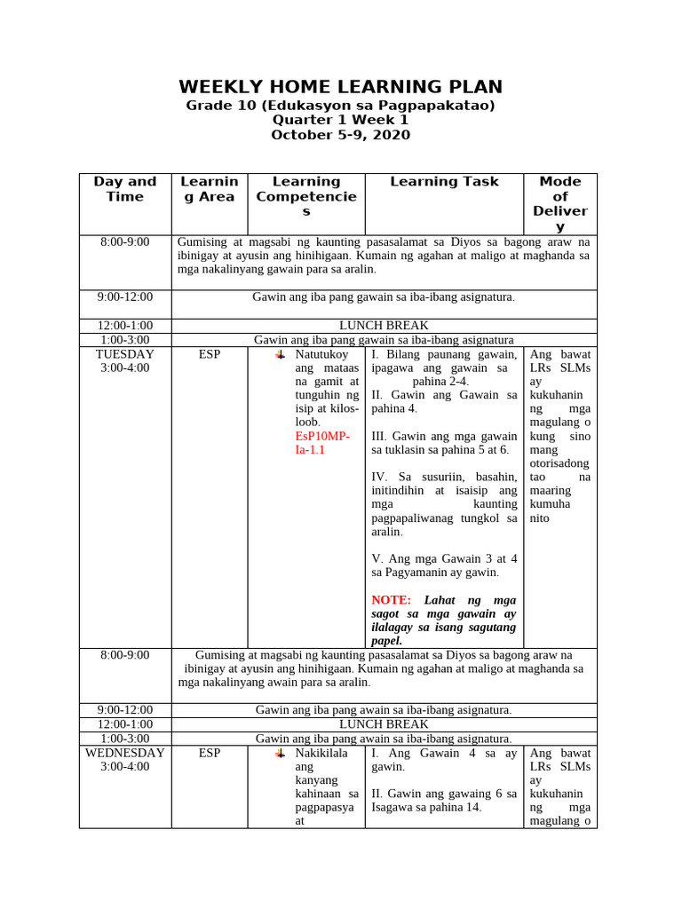 Weekly Home Learning Plan Quarter 1 Week 1 | PDF