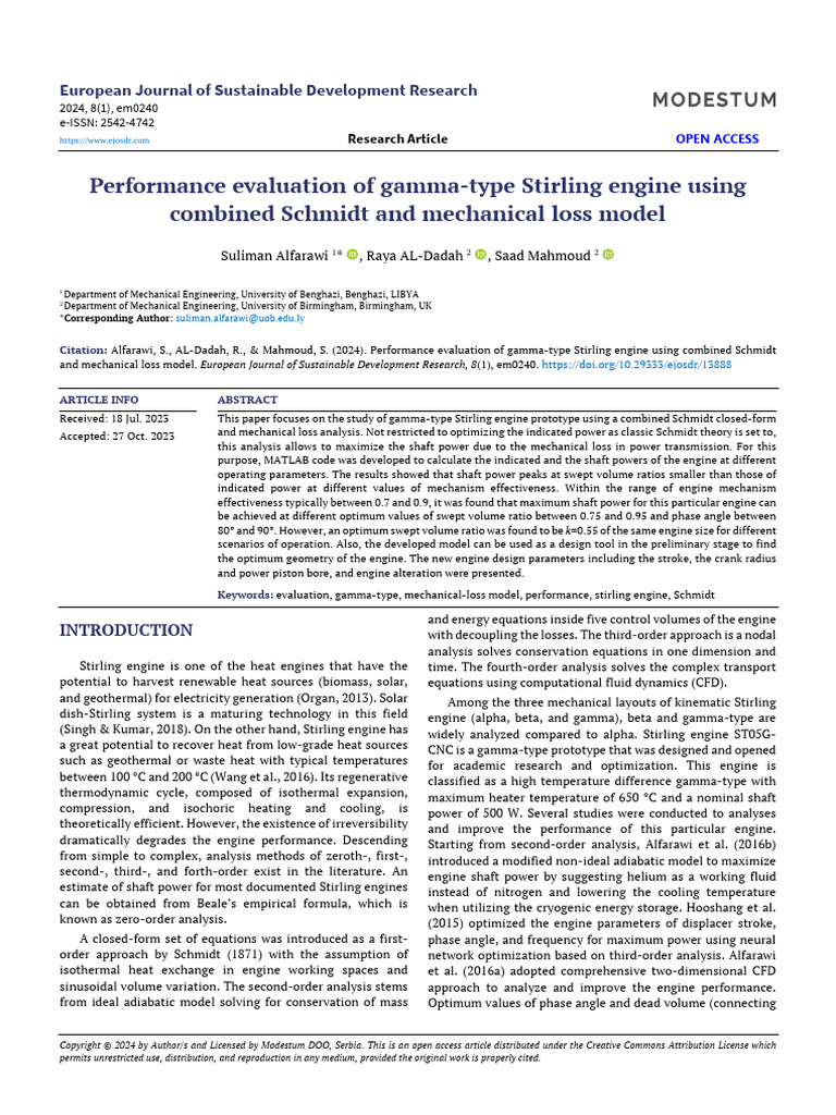 Performance Evaluation of Gamma Type Stirling Engine Using Combined ...