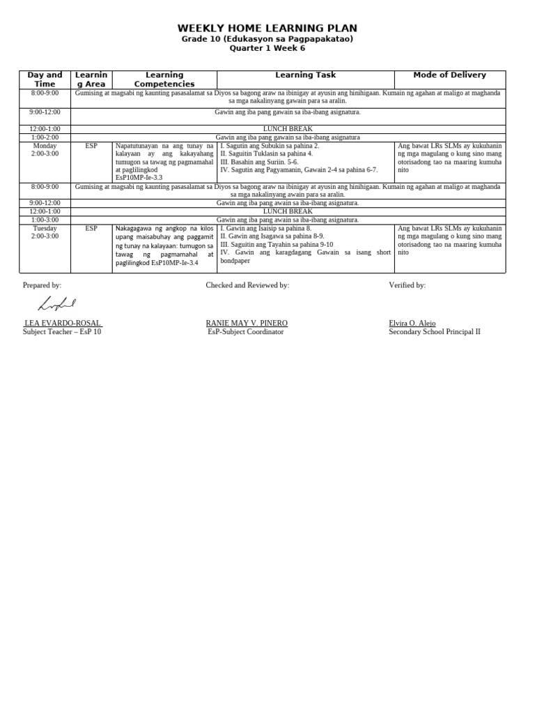 Weekly Home Learning Plan Quarter 1 Week 6 | PDF