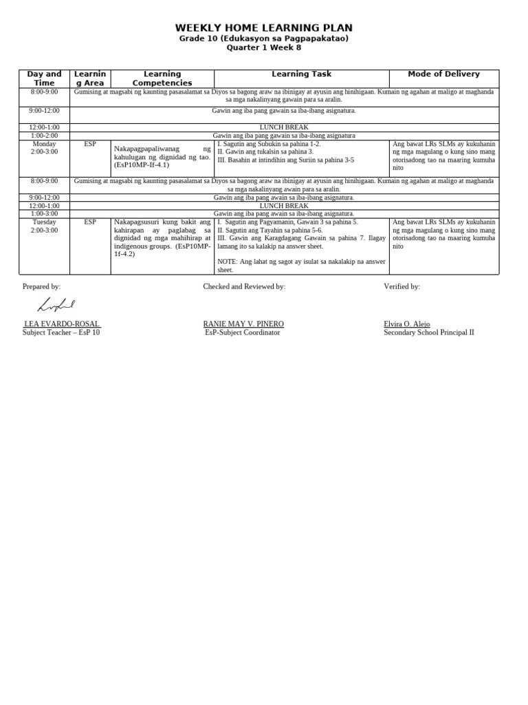 Weekly Home Learning Plan Quarter 1 Week 8 | PDF
