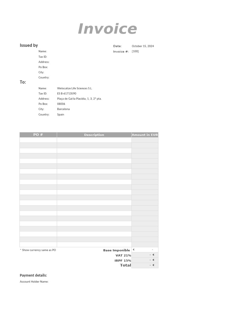 Template 2 Invoice for Freelancers Based in Spain (15 IRPF) PDF