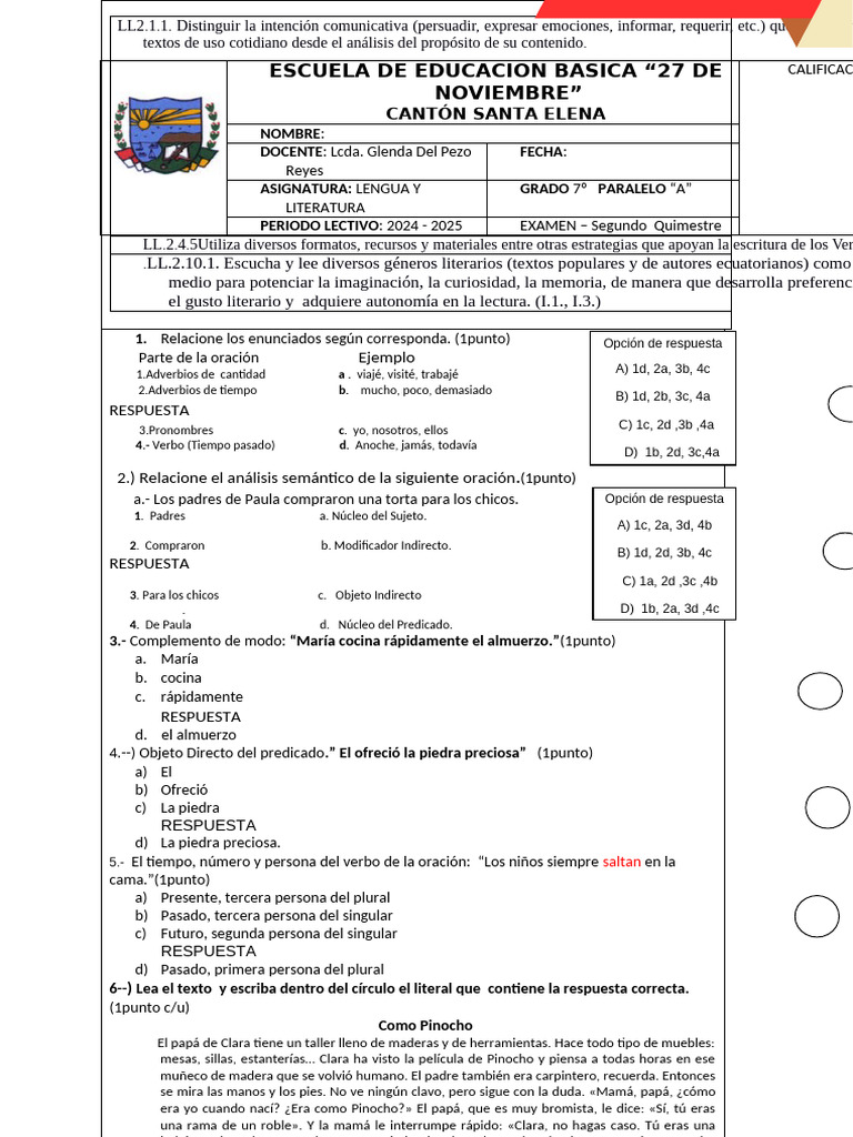EXAMEN DE LENGUA 2do. TRIMESTRE 7mo-2024 | PDF