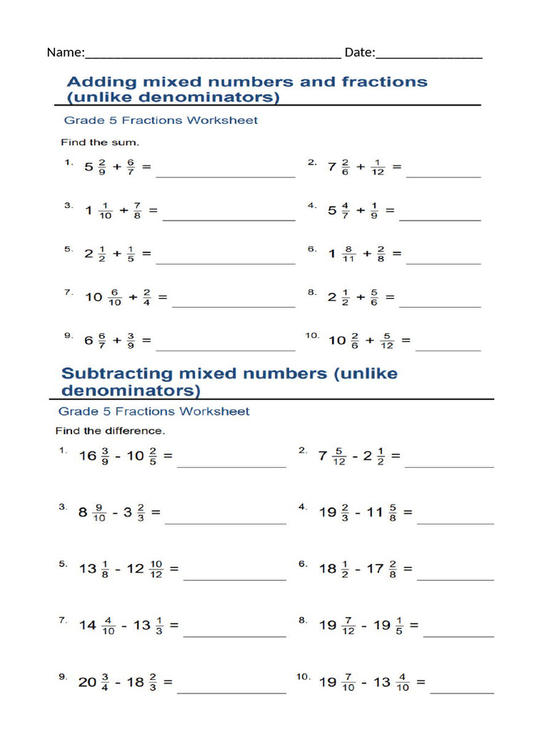 Addition & Subtraction of Mixed Numbers | PDF