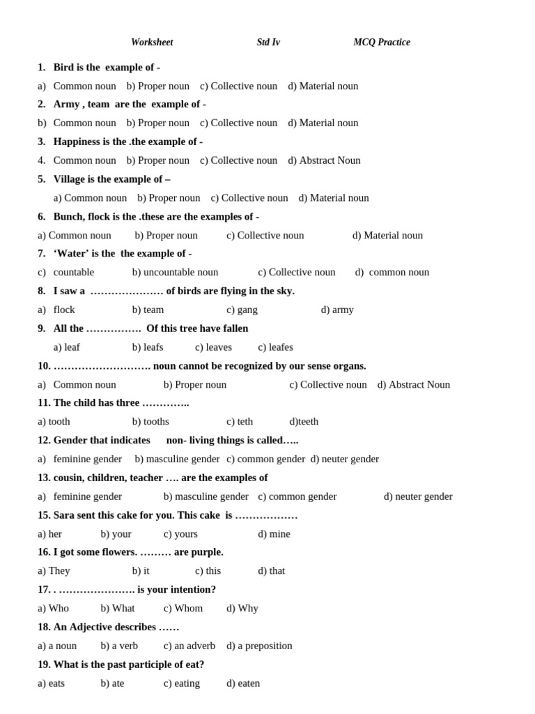 Worksheet std iv mcq practice pdf