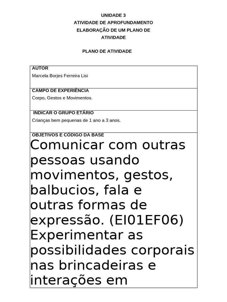 Prática de Ensino em Educação Infantil - Modelo Atividade III - Plano ...