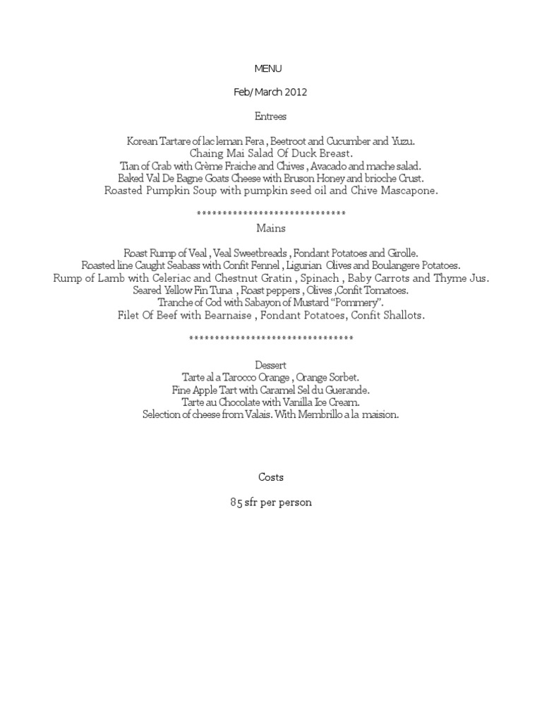 Gourmet Menu: Feb/March 2012 Selections | PDF