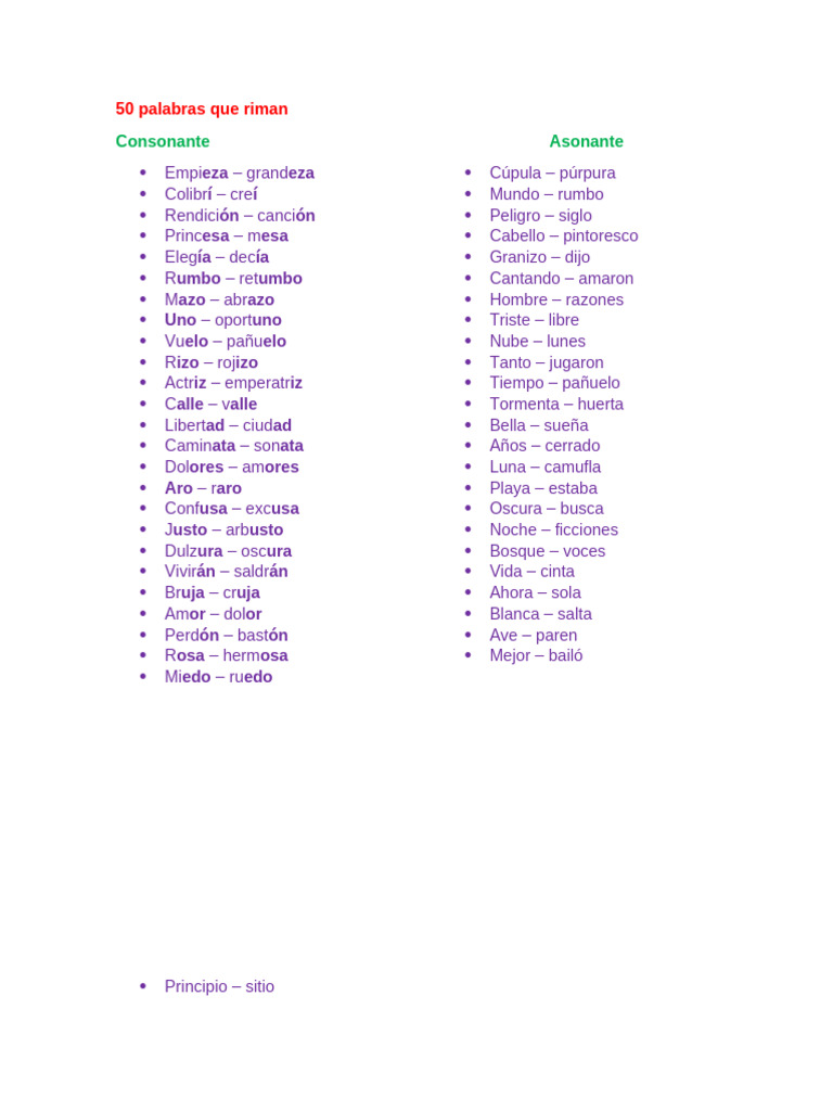 50 Palabras Que Riman | PDF