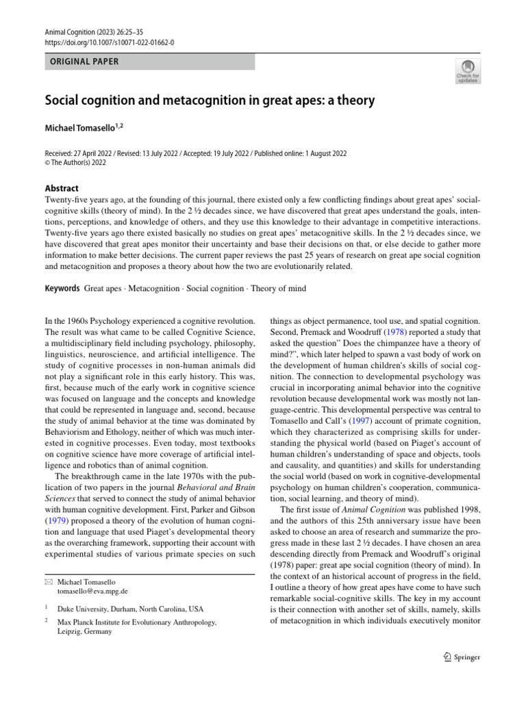 Social Cognition and Metacognition in Great Apes - Tomasello | PDF