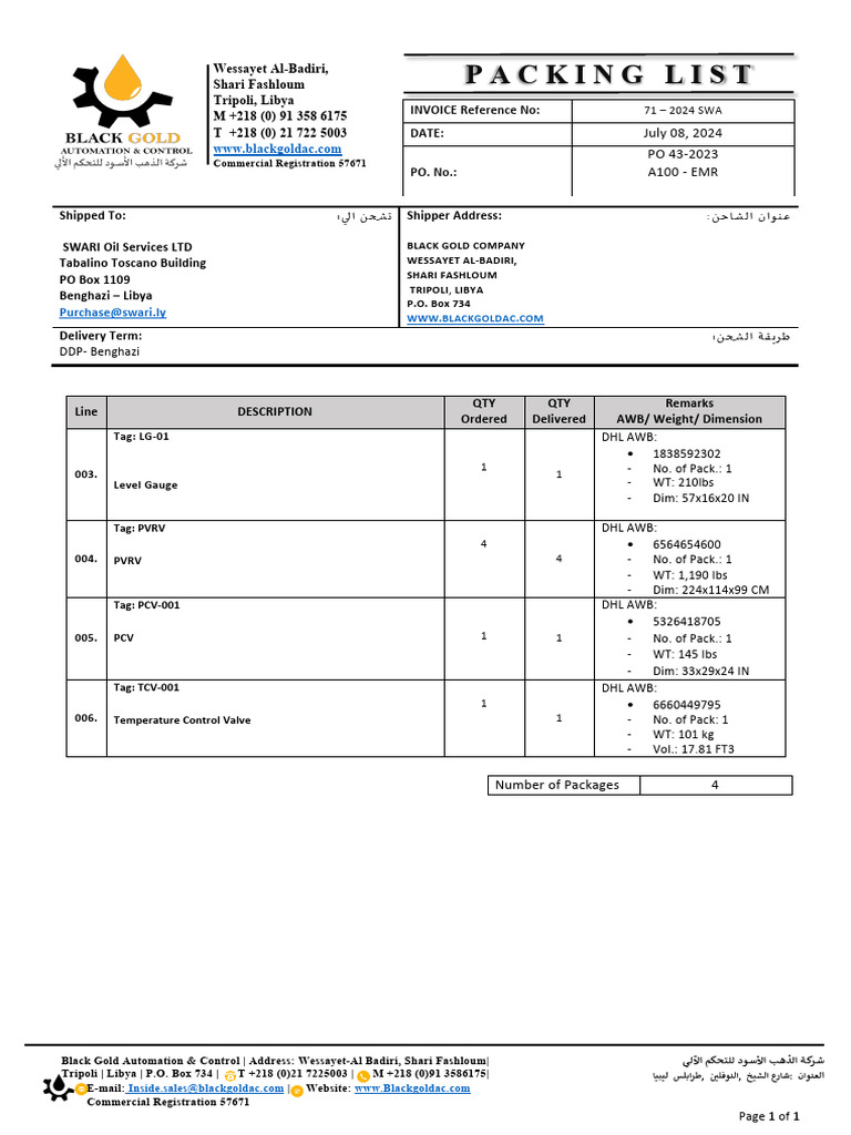 BG Packing List PO 43-2023 - A100 - EMR (First Batch) | PDF