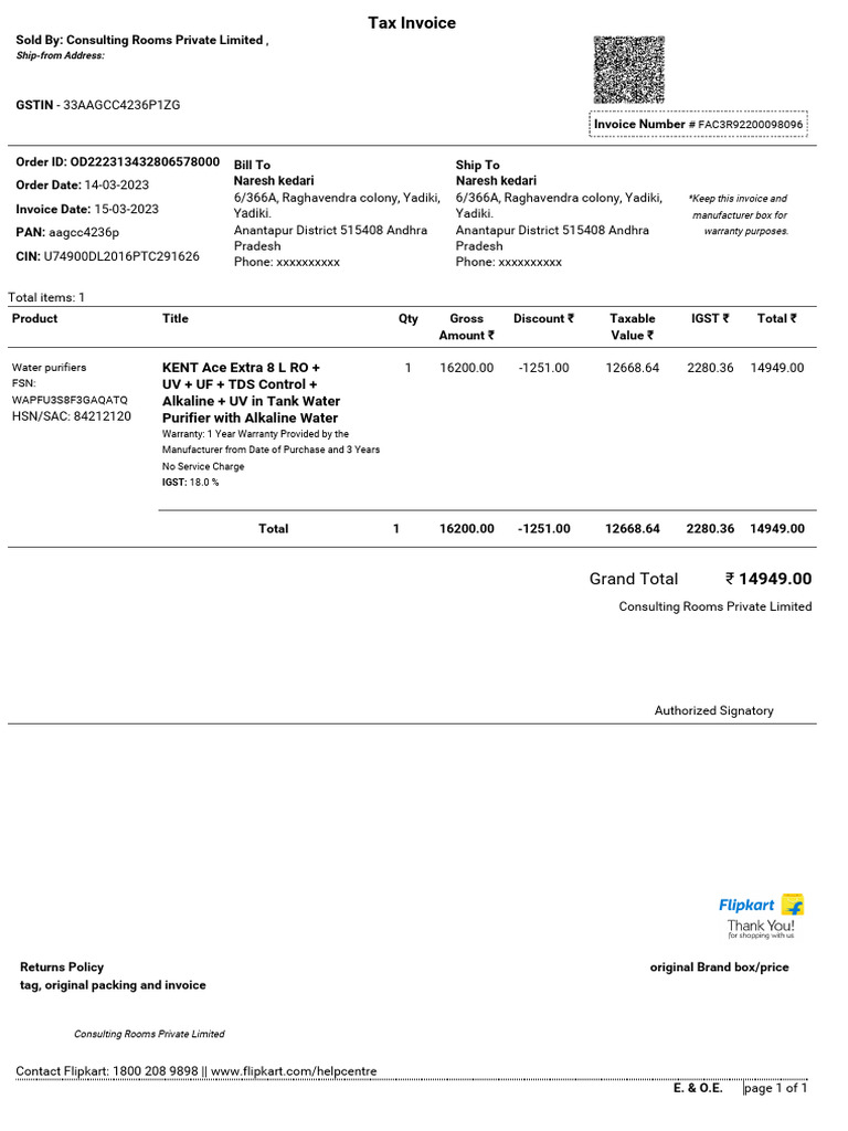 Invoice for KENT Ace Water Purifier | PDF | Taxes | Payments