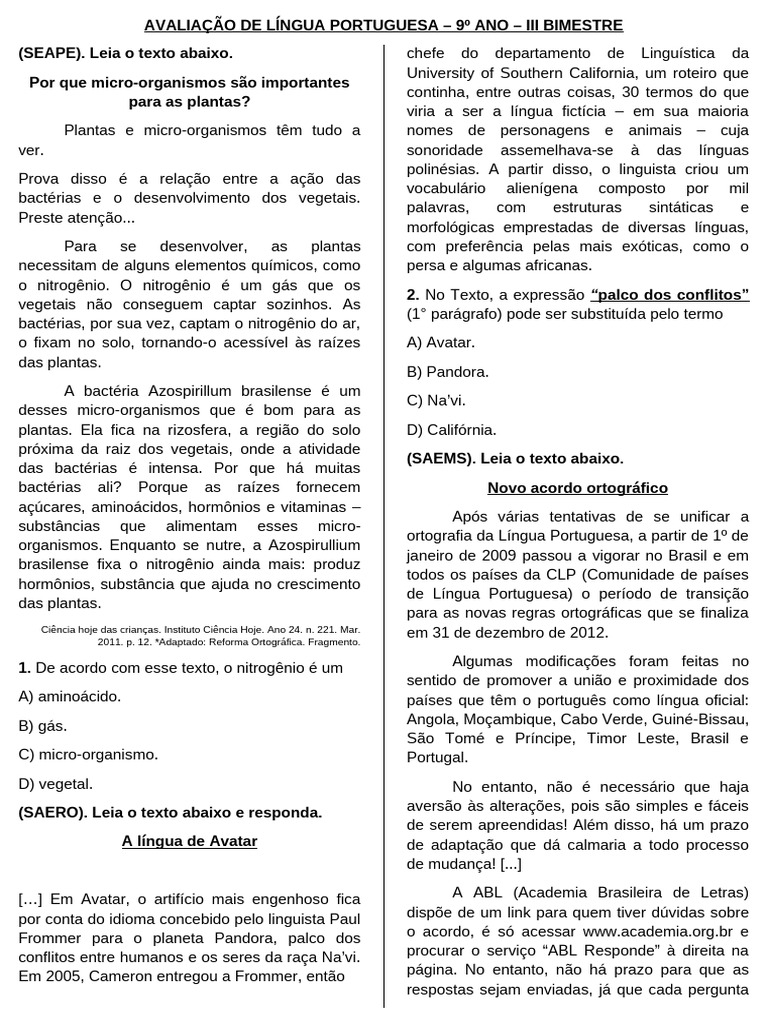 Prova de Português - 9 Ano - Iii Bimestre | PDF