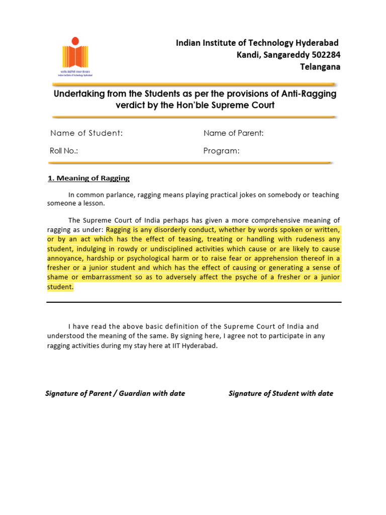 Anti Ragging Form | PDF