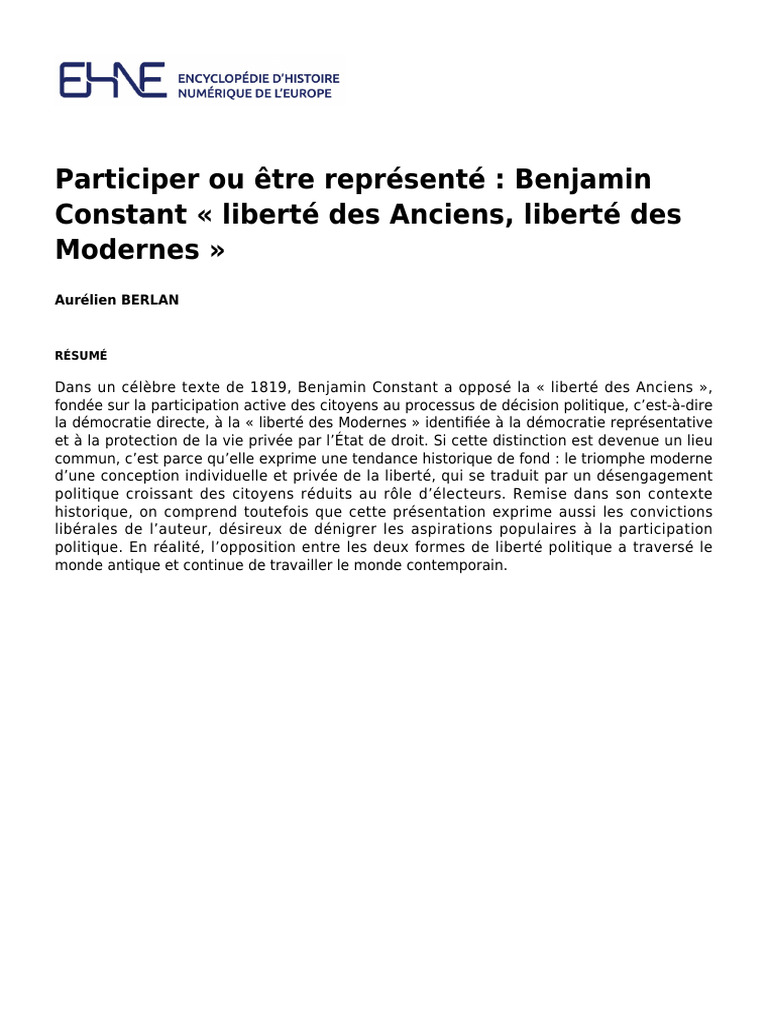 EHNE Participer Ou tre Repr sent Benjamin Constant Libert Des 