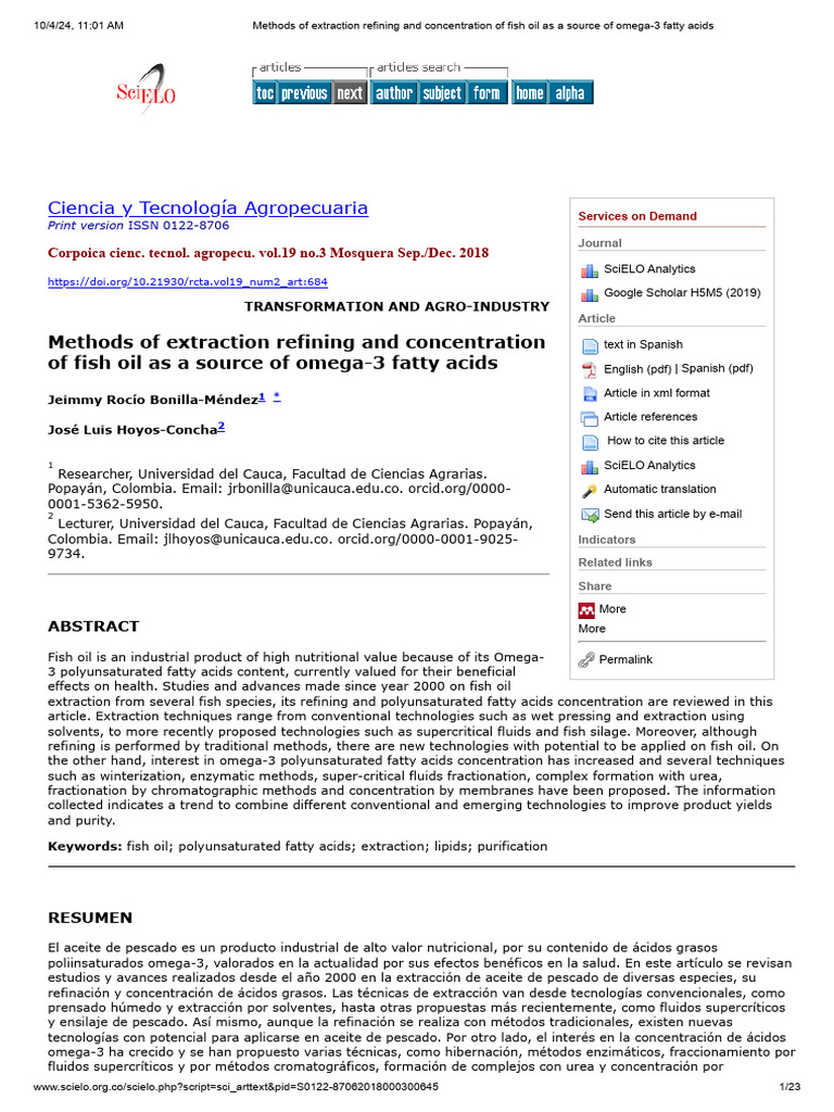 Methods of extraction refining and concentration of fish oil as a