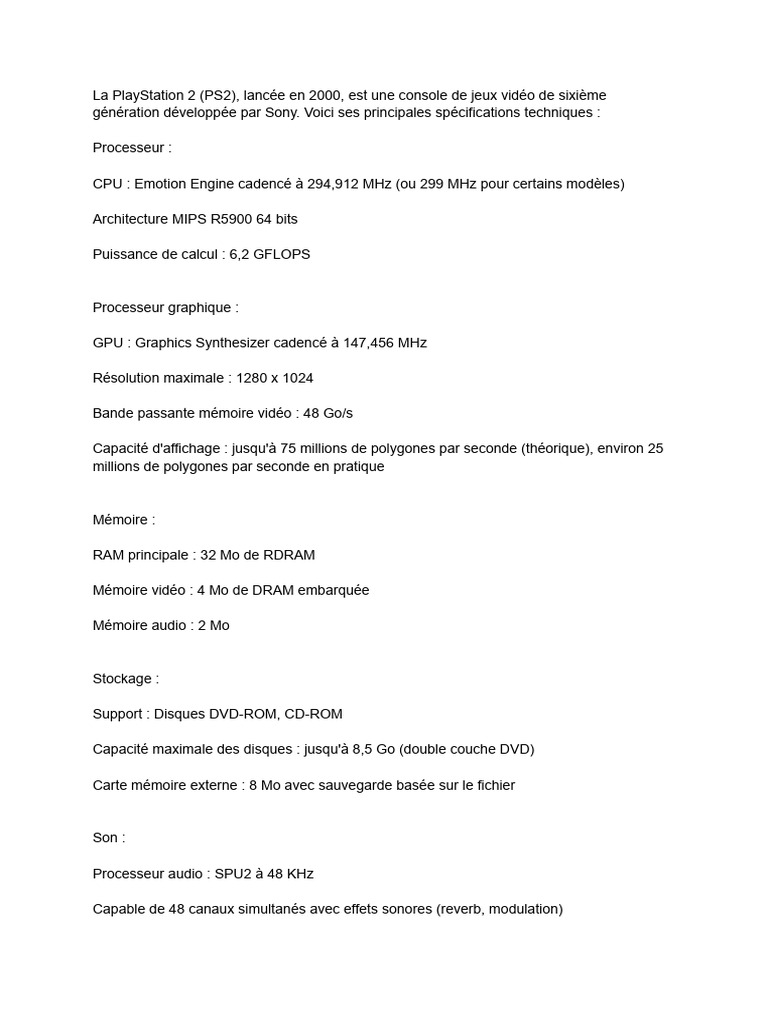 Spécifications techniques de la PS2 | PDF