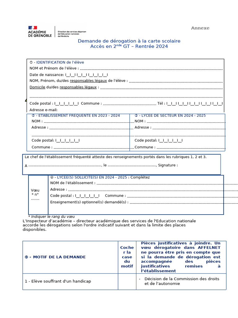 Demande de dérogation DASEN 2024-2025 | PDF