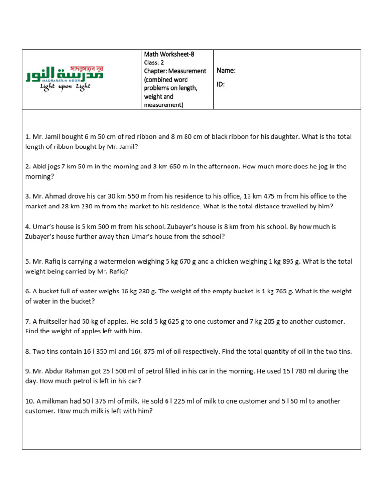 Math Worksheet-8 Measurement Combined Word Problem | PDF