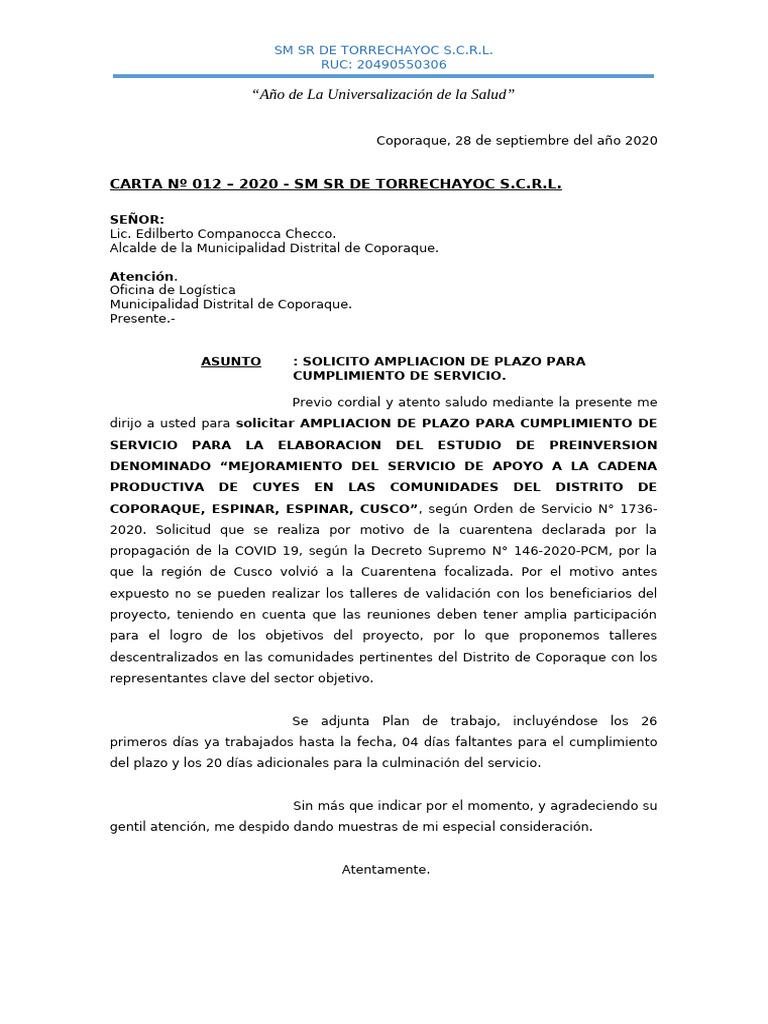 Carta de Solicitud de Ampliaciond Eplazo | PDF