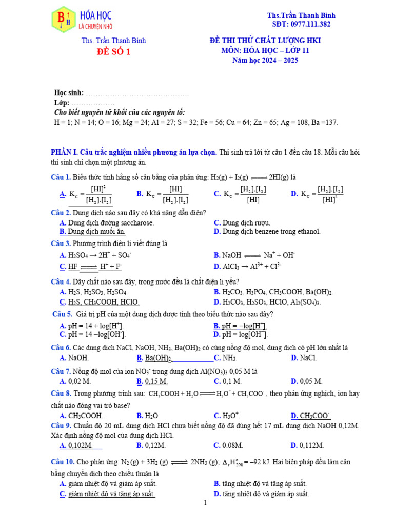 Hoa 11 - de So 1 - Dap An | PDF