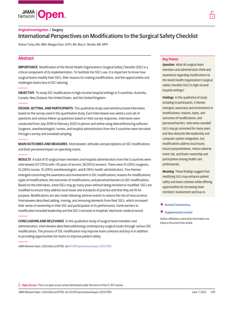 International Perspectives on Modifications to the Surgical Safety ...