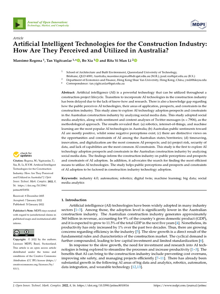 Artificial Intelligent Technologies For The Construction Industry | PDF