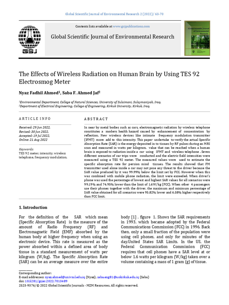 The Effects of Wireless Radiation On Human Brain by Using TES 92 ...