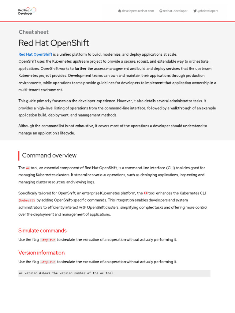 Red Hat OpenShift Cheat Sheet Red Hat Developer | PDF