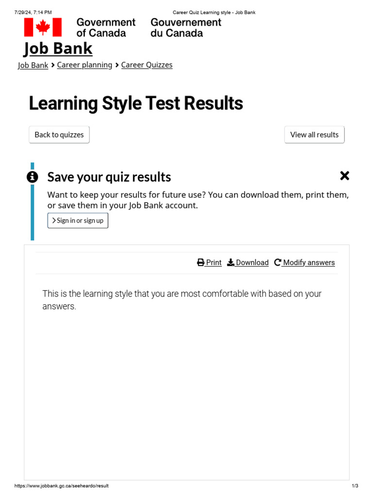 Career quiz learning style job bank pdf