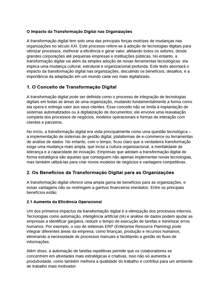 O Impacto da Transformação Digital nas Organizações | PDF