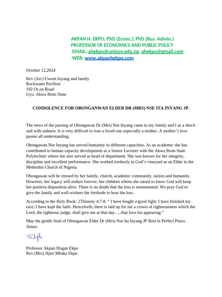 Condolence For DR Mrs Nse Inyang | PDF