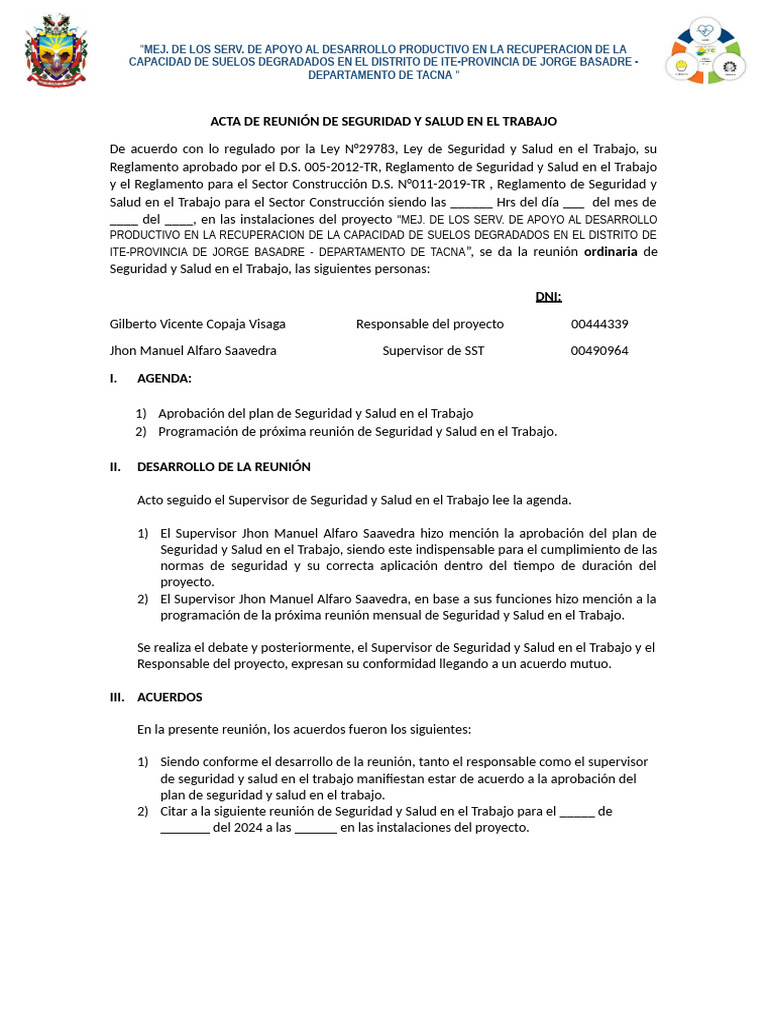 Acta de Reunión de Seguridad y Salud en El Trabajo Suelos Correccion | PDF