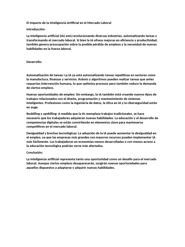 El Impacto de La Inteligencia Artificial en El Mercado Laboral | PDF