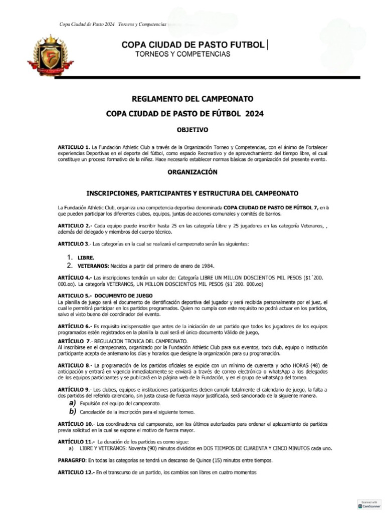 Reglamento Copa Ciudad de Pasto 2024 | PDF