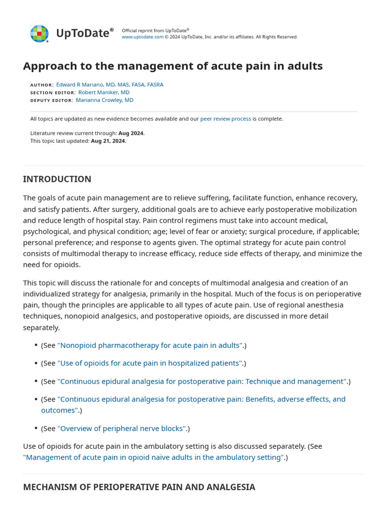 Approach To The Management of Acute Pain in Adults - UpToDate | PDF