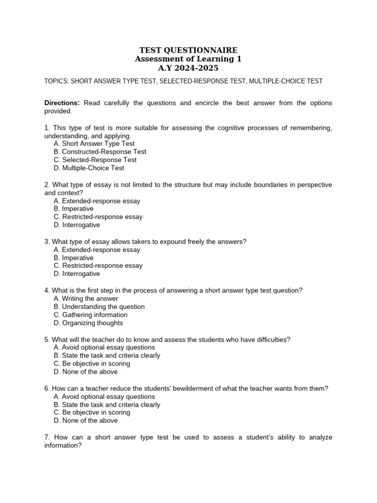 TQ - Planas-Purisima-Salipod - Short Answer Type Test, Selected ...